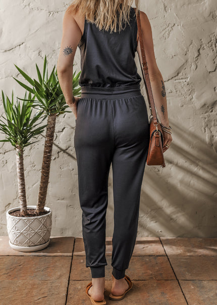 Black Casual Tank Style Tie Waist Pocketed Jogger Jumpsuit