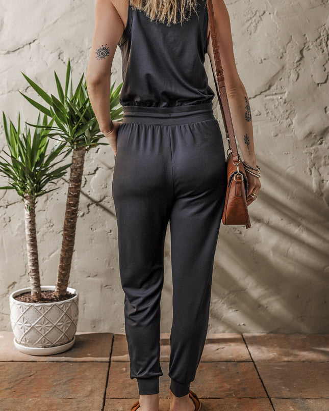 Black Casual Tank Style Tie Waist Pocketed Jogger Jumpsuit