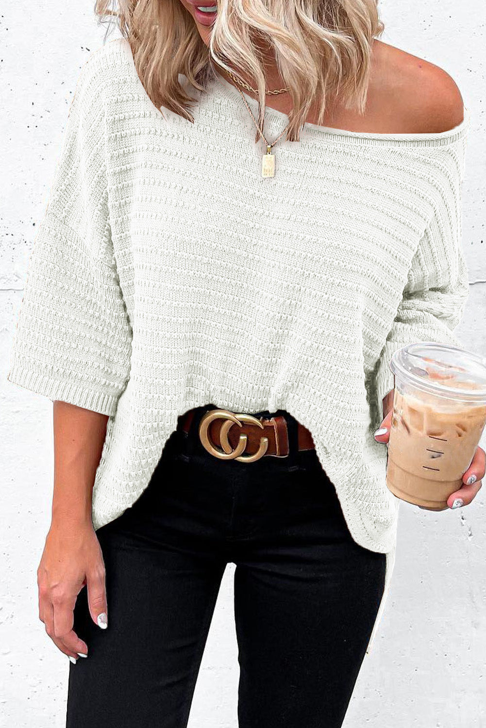 Beige Textured Knit Drop Shoulder Short Sleeve Sweater