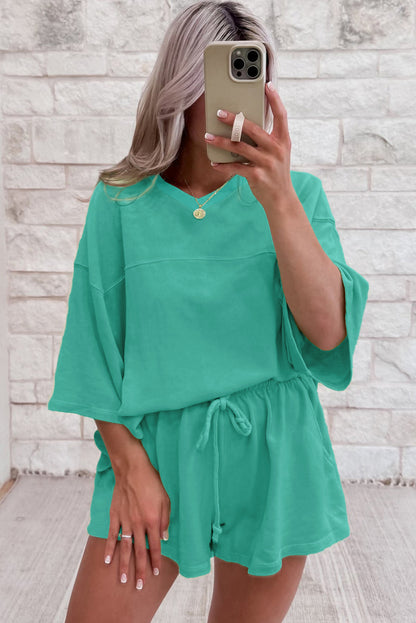 Meadow Mist Green Solid Loose V Neck Half Sleeve Tee and Shorts Set