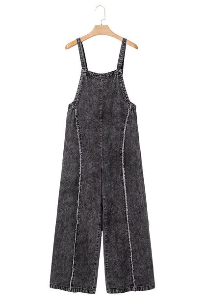 Beau Blue Light Wash Frayed Exposed Seam Wide Leg Denim Overall