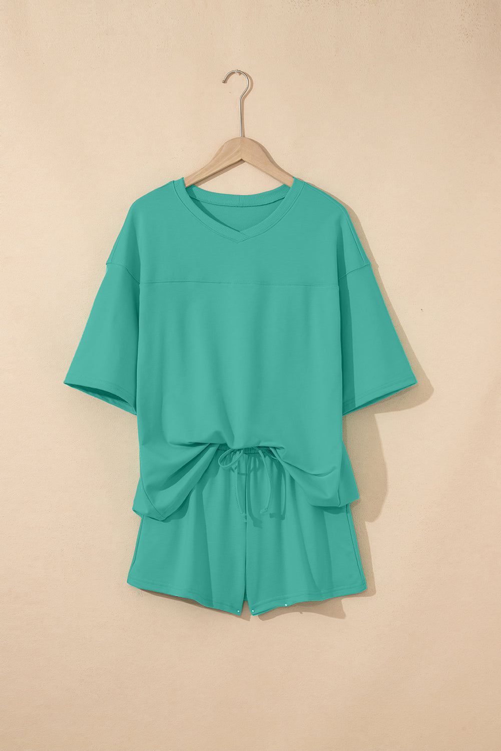 Meadow Mist Green Solid Loose V Neck Half Sleeve Tee and Shorts Set