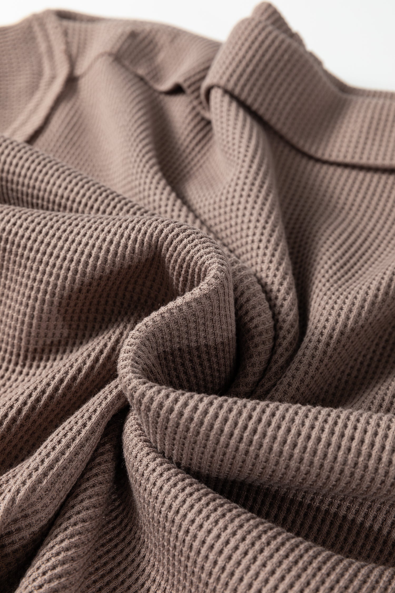 Beige Solid Color Waffle Knit Asymmetric Neck Long Sleeve Top