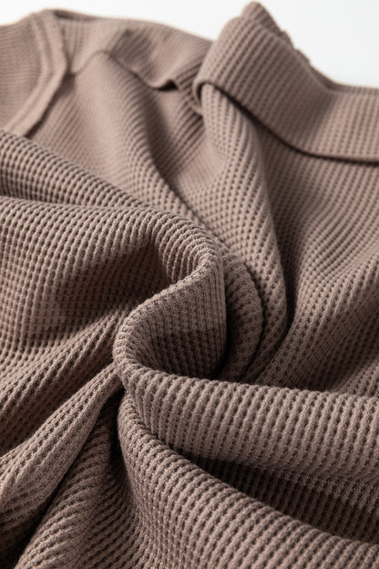 Beige Solid Color Waffle Knit Asymmetric Neck Long Sleeve Top