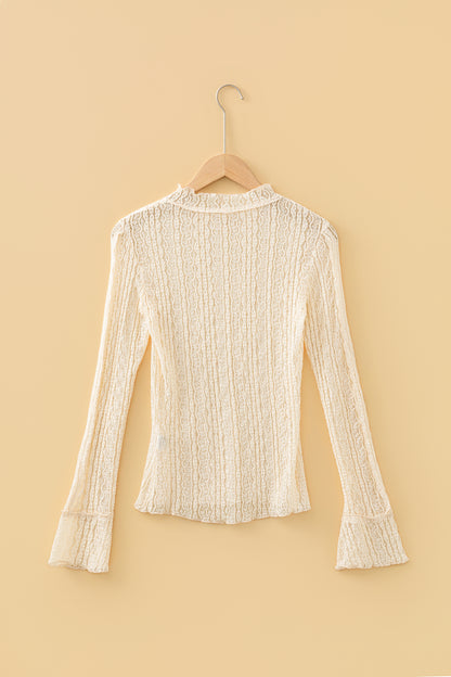Apricot Flounced Long Sleeve Mock Neck Sheer Lace Top