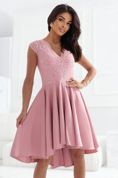 300-7 PATRICIA dress with longer back with lace neckline - powder pink