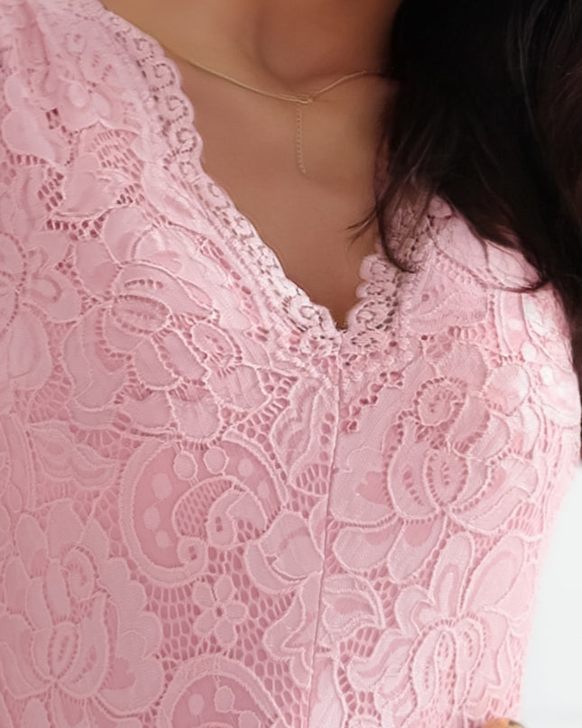 300-7 PATRICIA dress with longer back with lace neckline - powder pink