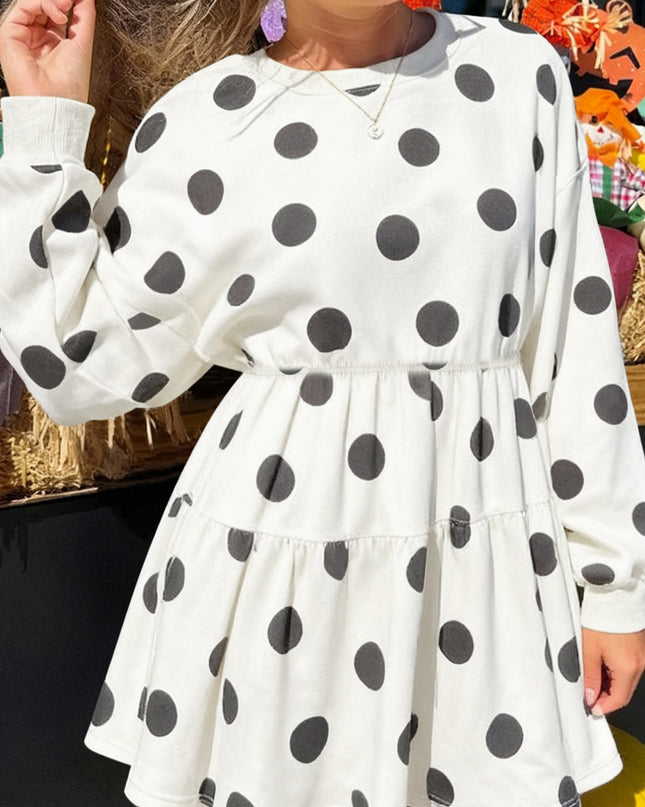 White Polka Dot Printed Long Sleeve Flared Mini Dress