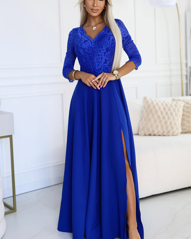 309-12 AMBER elegant lace long dress with a neckline - Royal blue