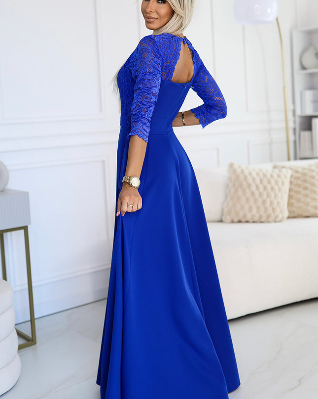 309-12 AMBER elegant lace long dress with a neckline - Royal blue