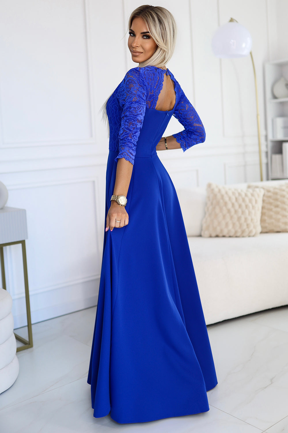 309-12 AMBER elegant lace long dress with a neckline - Royal blue