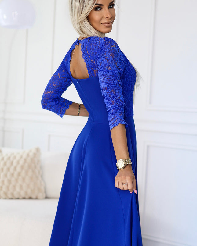 309-12 AMBER elegant lace long dress with a neckline - Royal blue