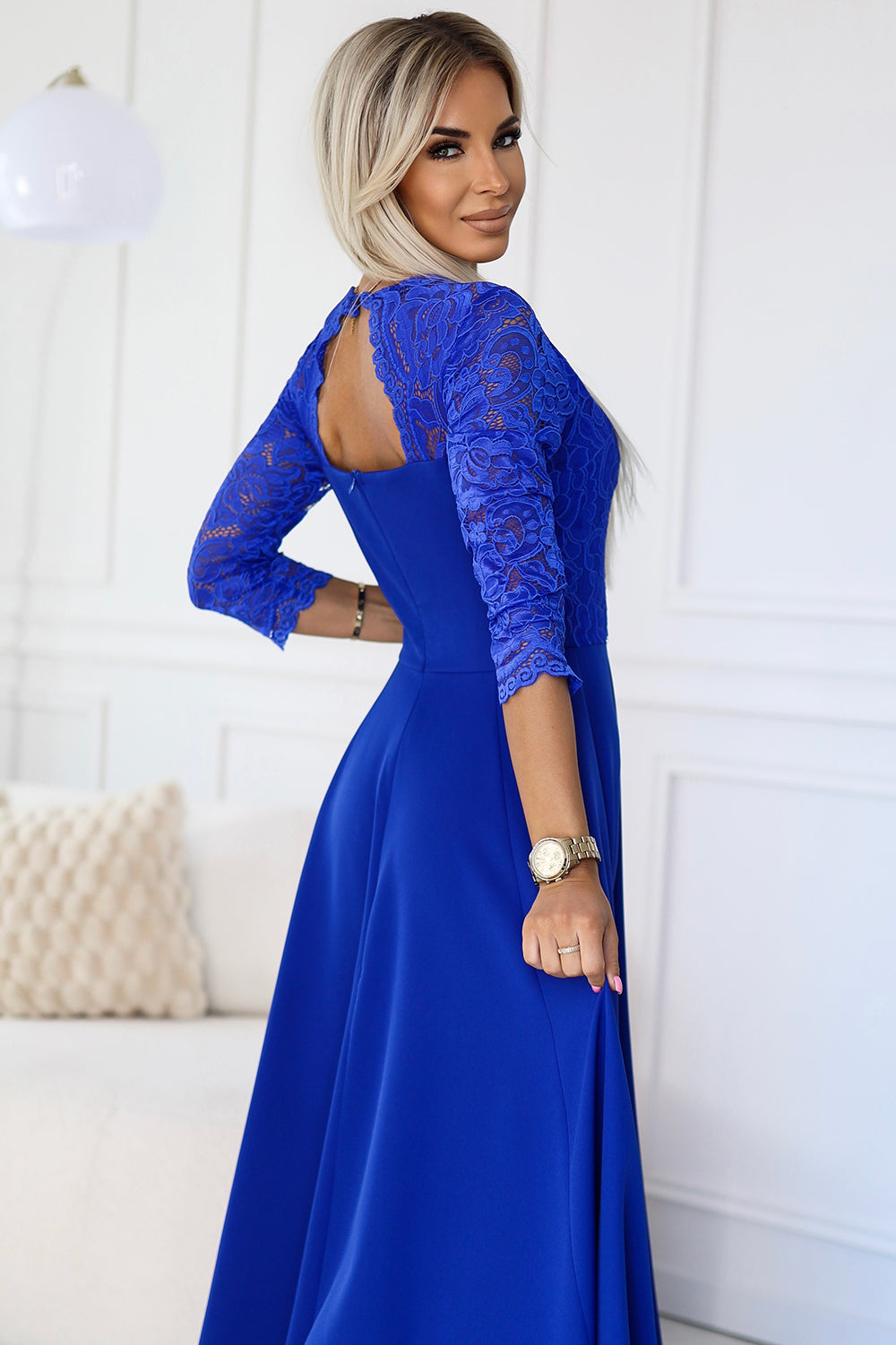 309-12 AMBER elegant lace long dress with a neckline - Royal blue