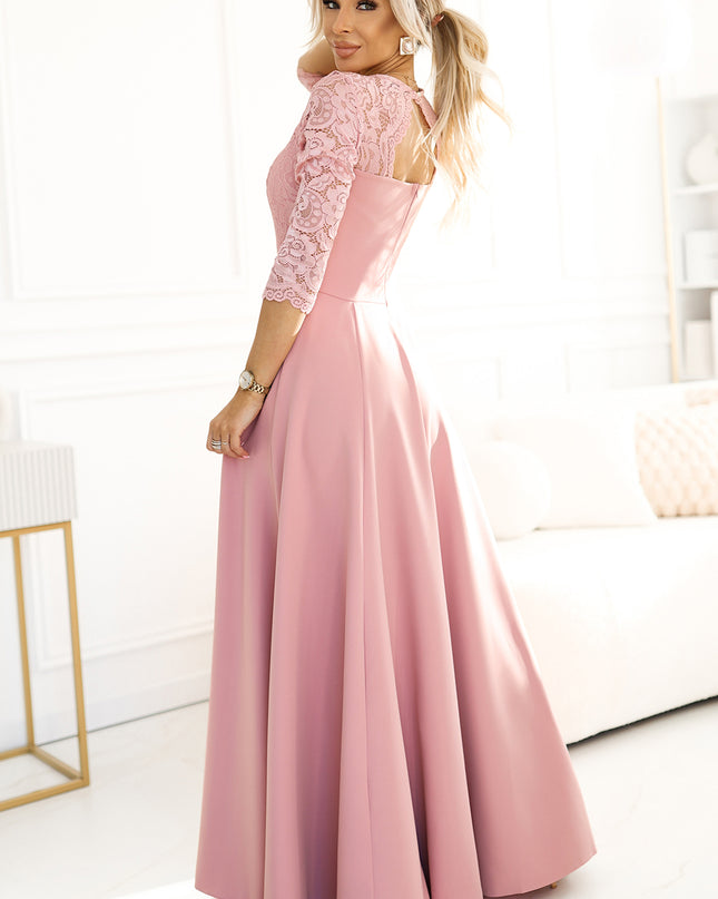 309-13 AMBER elegant long lace dress with a neckline - powder pink