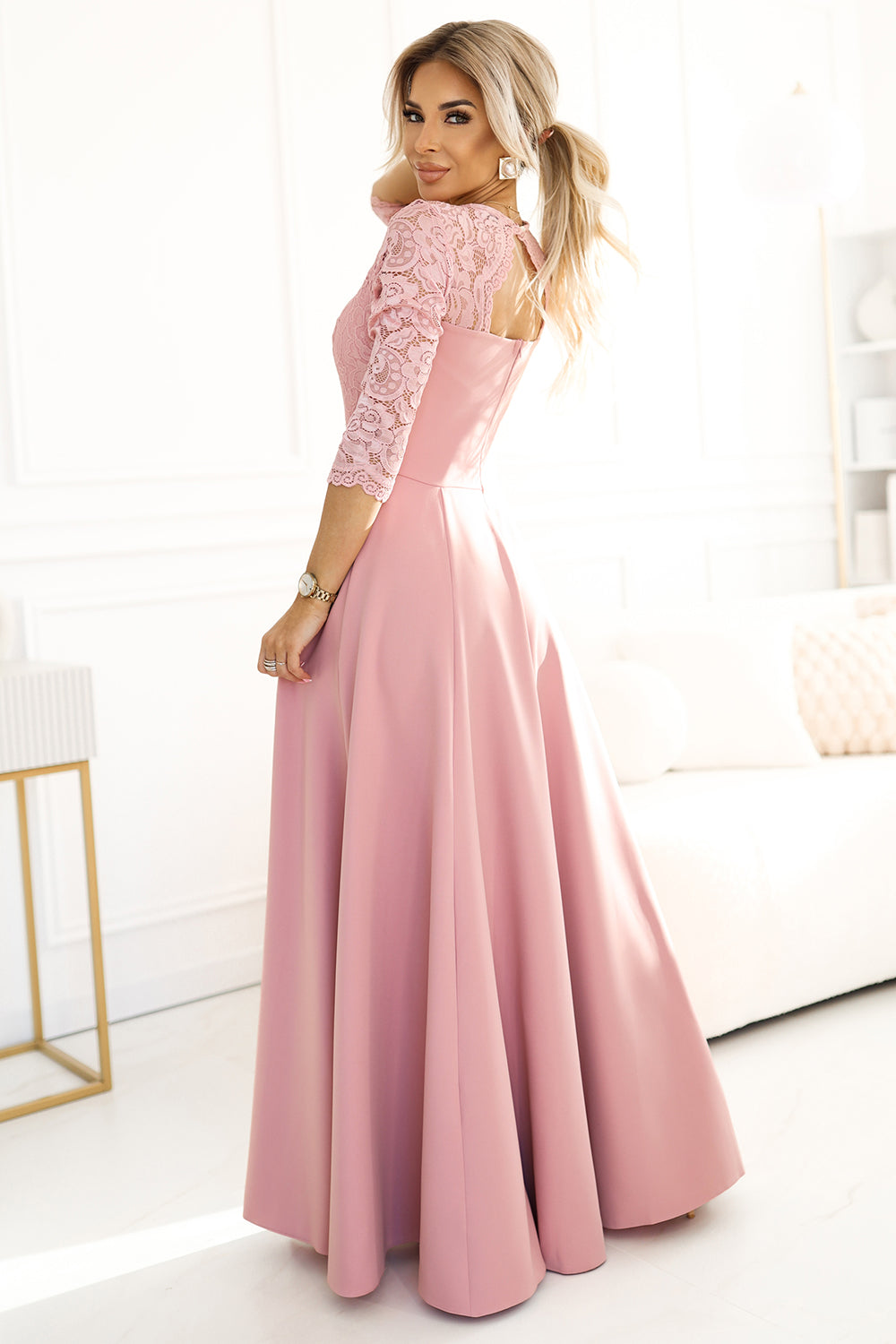 Numoco 309-13 AMBER elegant long lace dress with a neckline - powder pink