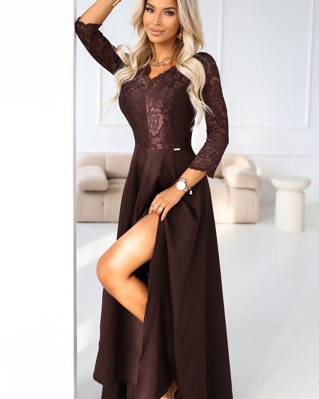 309-14 AMBER elegant long lace dress with a neckline - chocolate