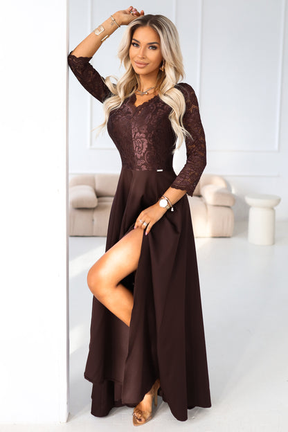 309-14 AMBER elegant long lace dress with a neckline - chocolate