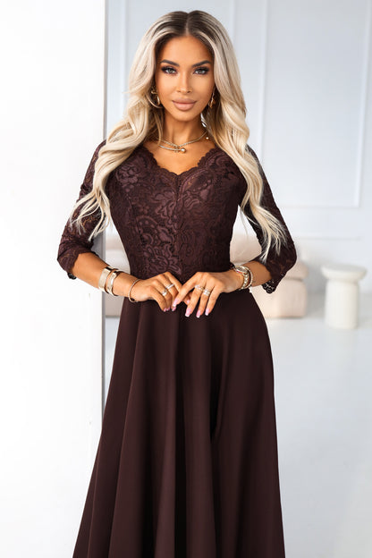 309-14 AMBER elegant long lace dress with a neckline - chocolate