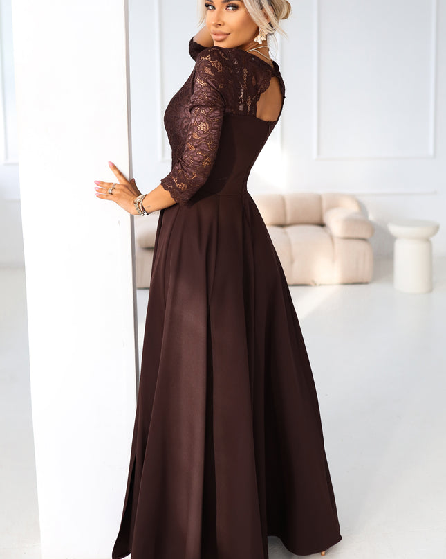 309-14 AMBER elegant long lace dress with a neckline - chocolate