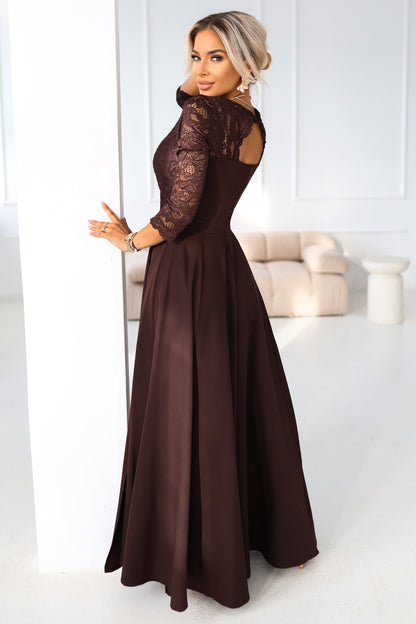 309-14 AMBER elegant long lace dress with a neckline - chocolate