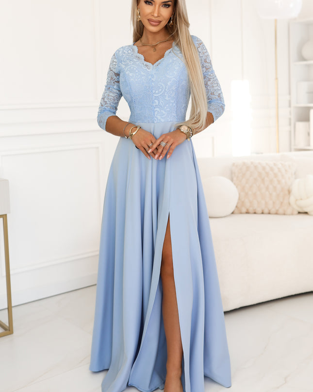309-15 AMBER Elegant Long Lace Gown with Neckline - Sky Blue
