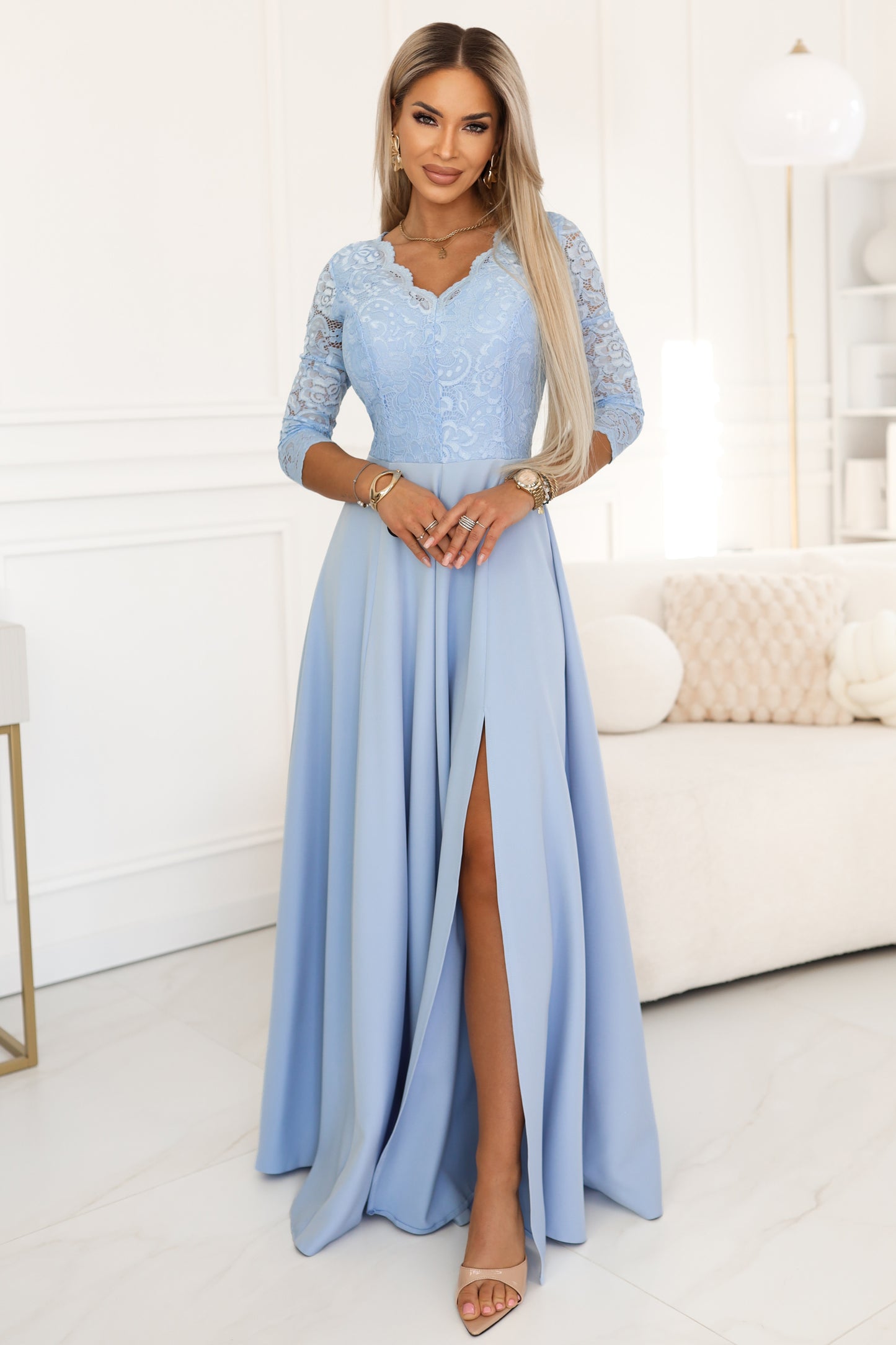 309-15 AMBER Elegant Long Lace Gown with Neckline - Sky Blue