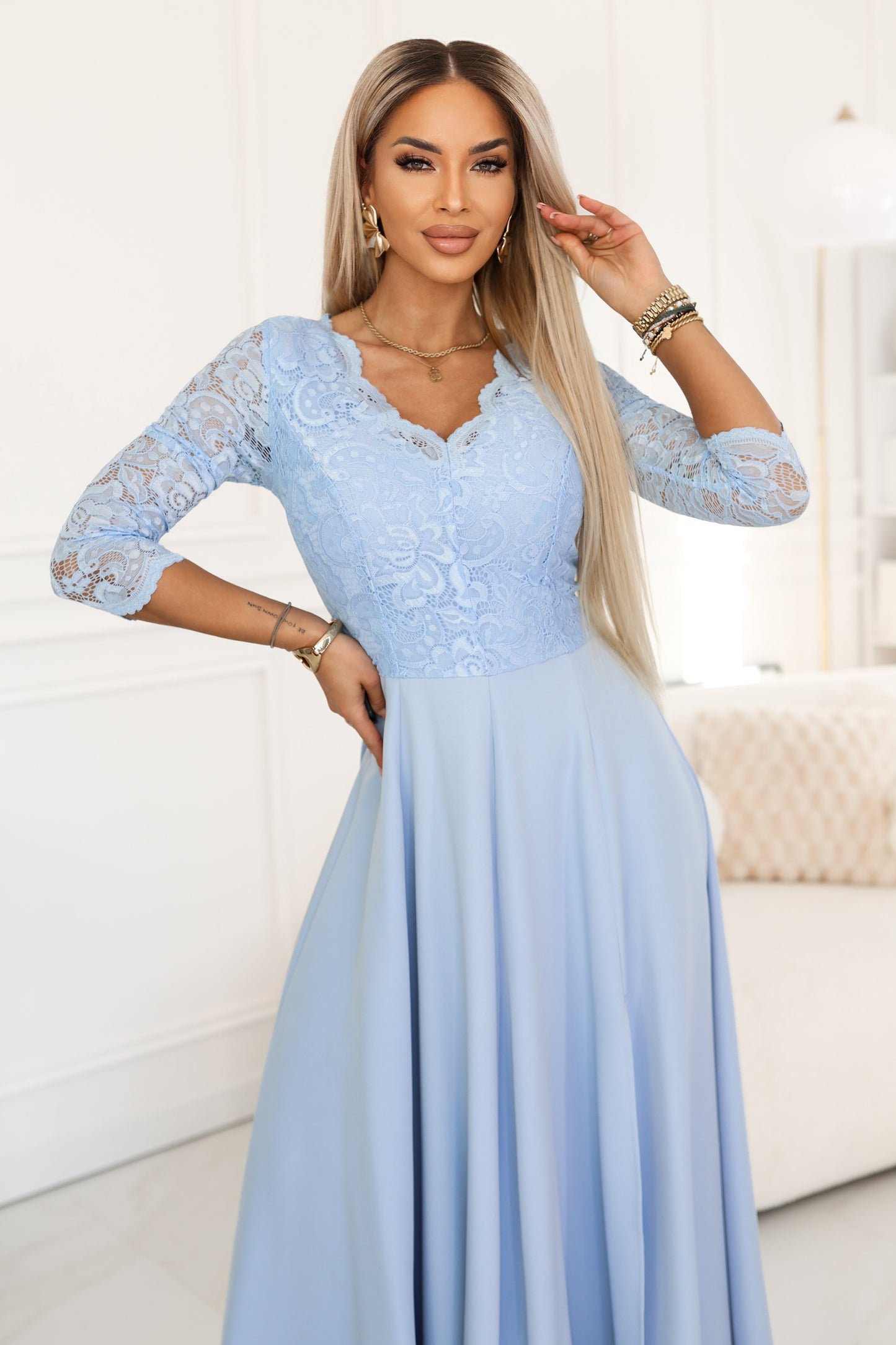 309-15 AMBER Elegant Long Lace Gown with Neckline - Sky Blue