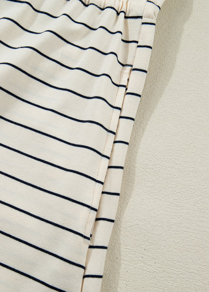 Beige Stripe Drawstring Tunic Tank Mini Dress with Pockets