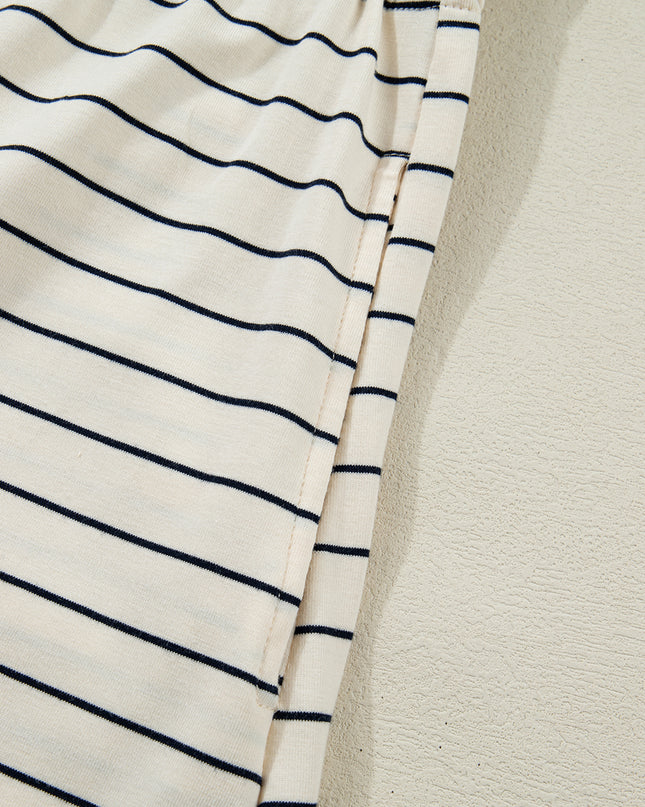 Beige Stripe Drawstring Tunic Tank Mini Dress with Pockets