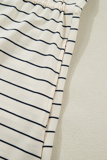 Beige Stripe Drawstring Tunic Tank Mini Dress with Pockets