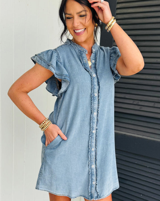 Myosotis Frilled Detail Button Down Ruffle Short Sleeve Denim Mini Dress