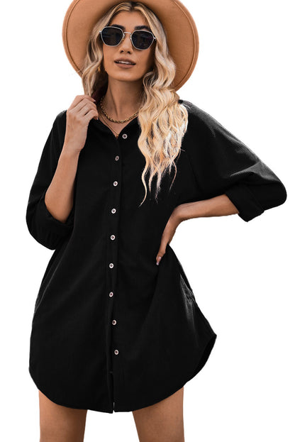 Beige Corduroy Shirt Style Full Button Long Sleeve Shift Mini Dress