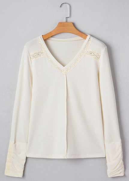 Beige Thermal Knit Lace Ruched Patchwork Long Sleeve V Neck Top
