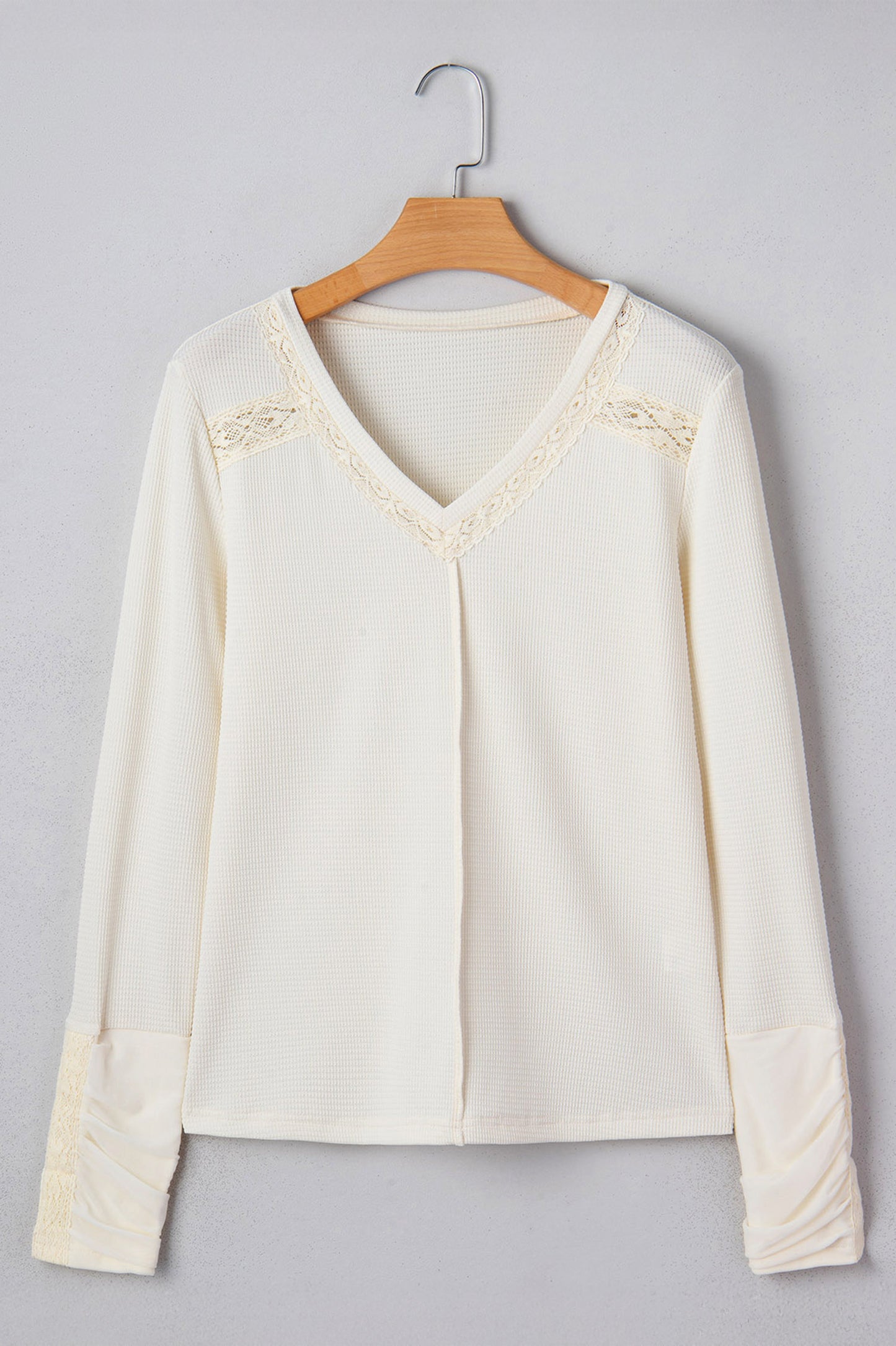 Beige Thermal Knit Lace Ruched Patchwork Long Sleeve V Neck Top