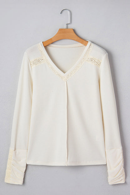 Beige Thermal Knit Lace Ruched Patchwork Long Sleeve V Neck Top