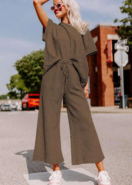 Black Textured Loose Fit T Shirt and Drawstring Pants Set