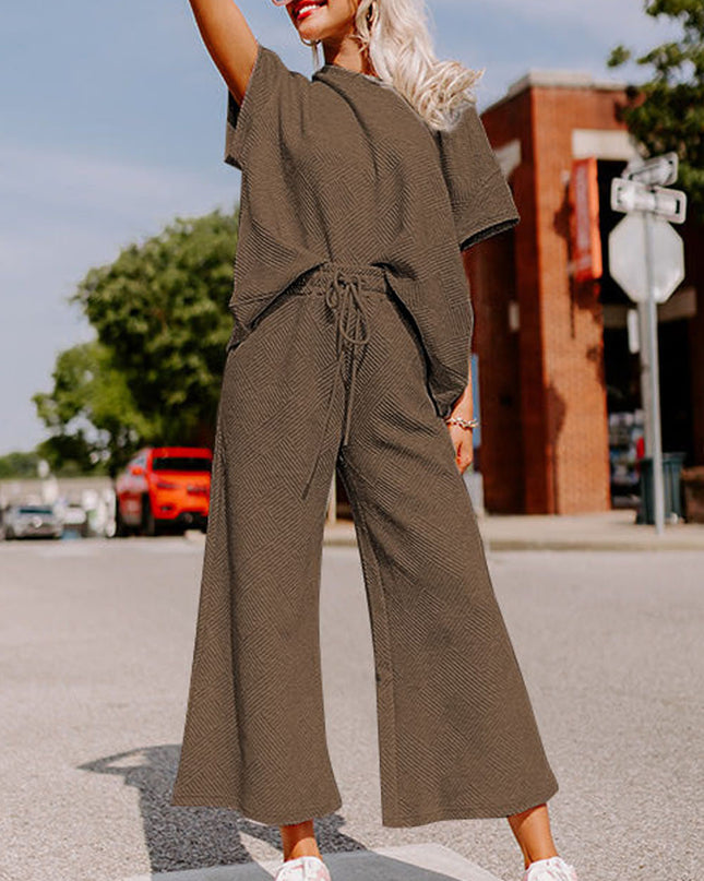 Black Textured Loose Fit T Shirt and Drawstring Pants Set