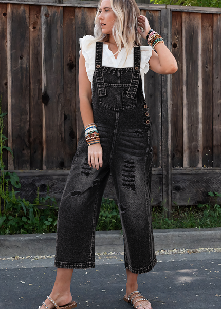 Stone Blue Distressed Bib Pocket Wide Leg Denim Overall