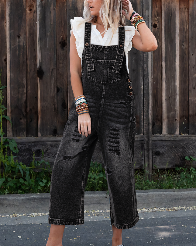 Stone Blue Distressed Bib Pocket Wide Leg Denim Overall