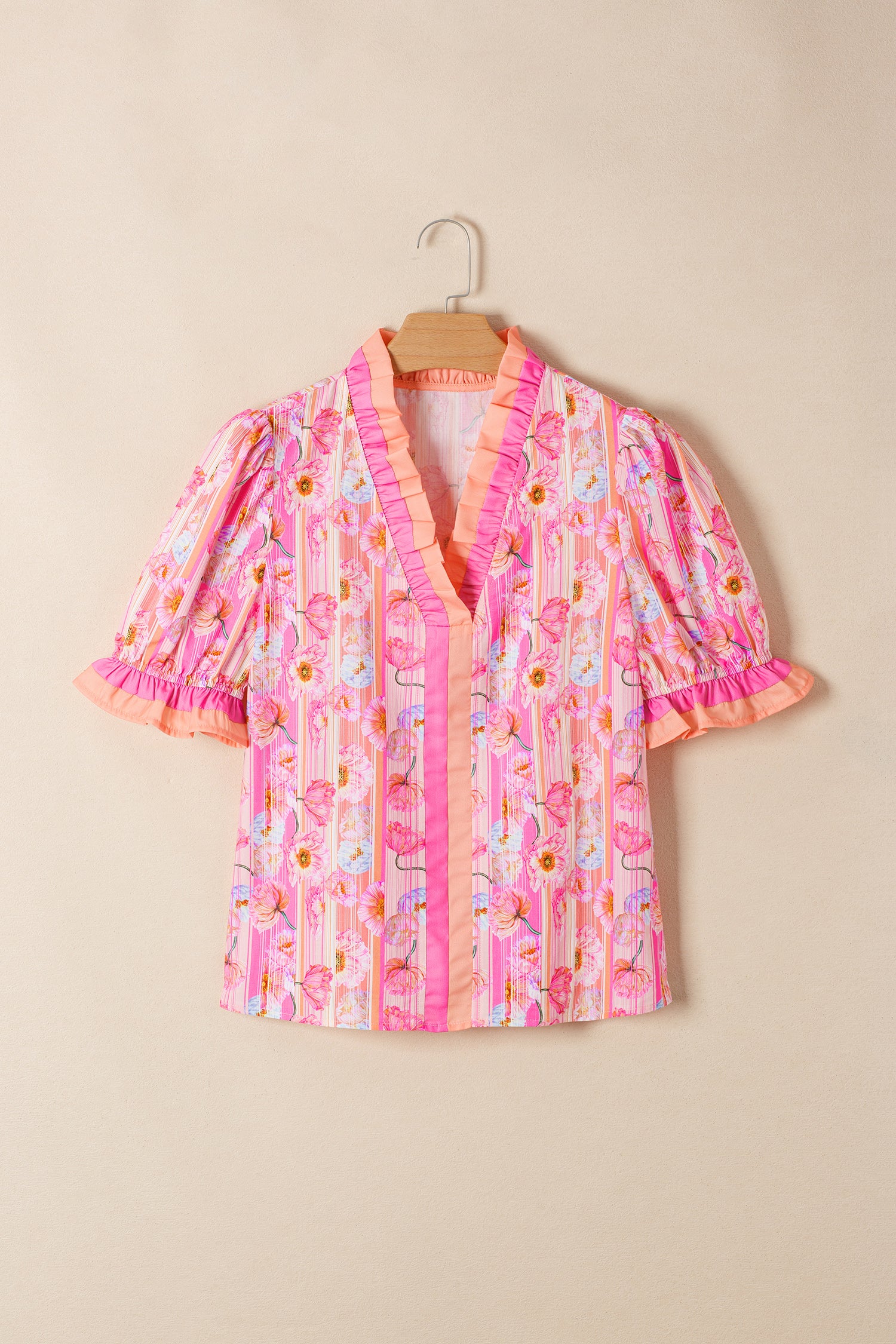 Pink Poppy Flower Striped Print Color Block Trim V Neck Short Sleeve Blouse