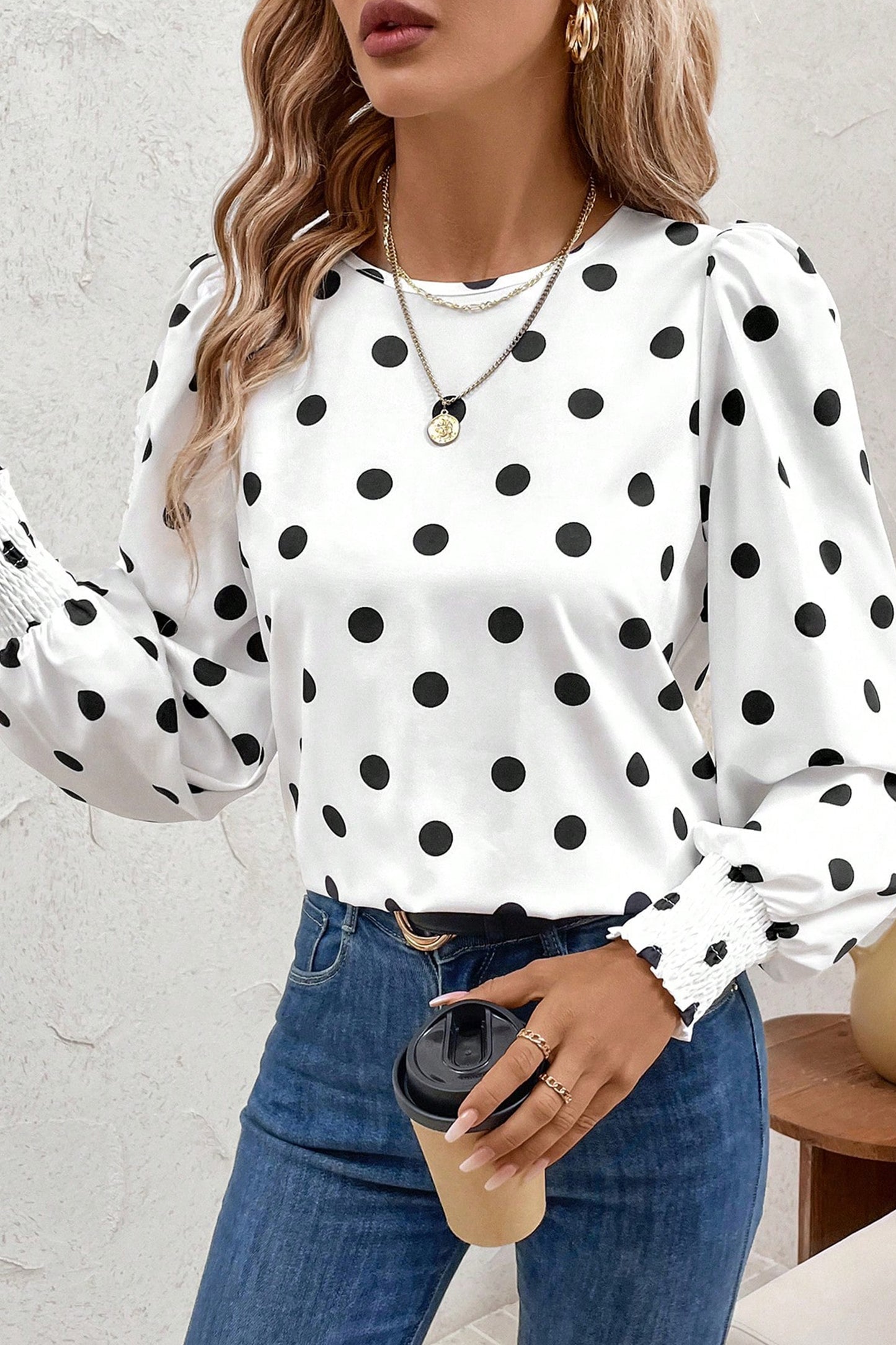 White Polka Dot Print Round Neck Frilled Long Sleeve Blouse