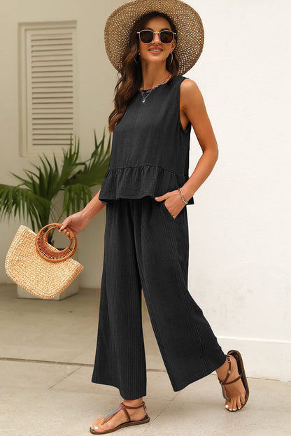 Beau Blue Solid Color Ribbed Ruffle Tank Top and Pants Set