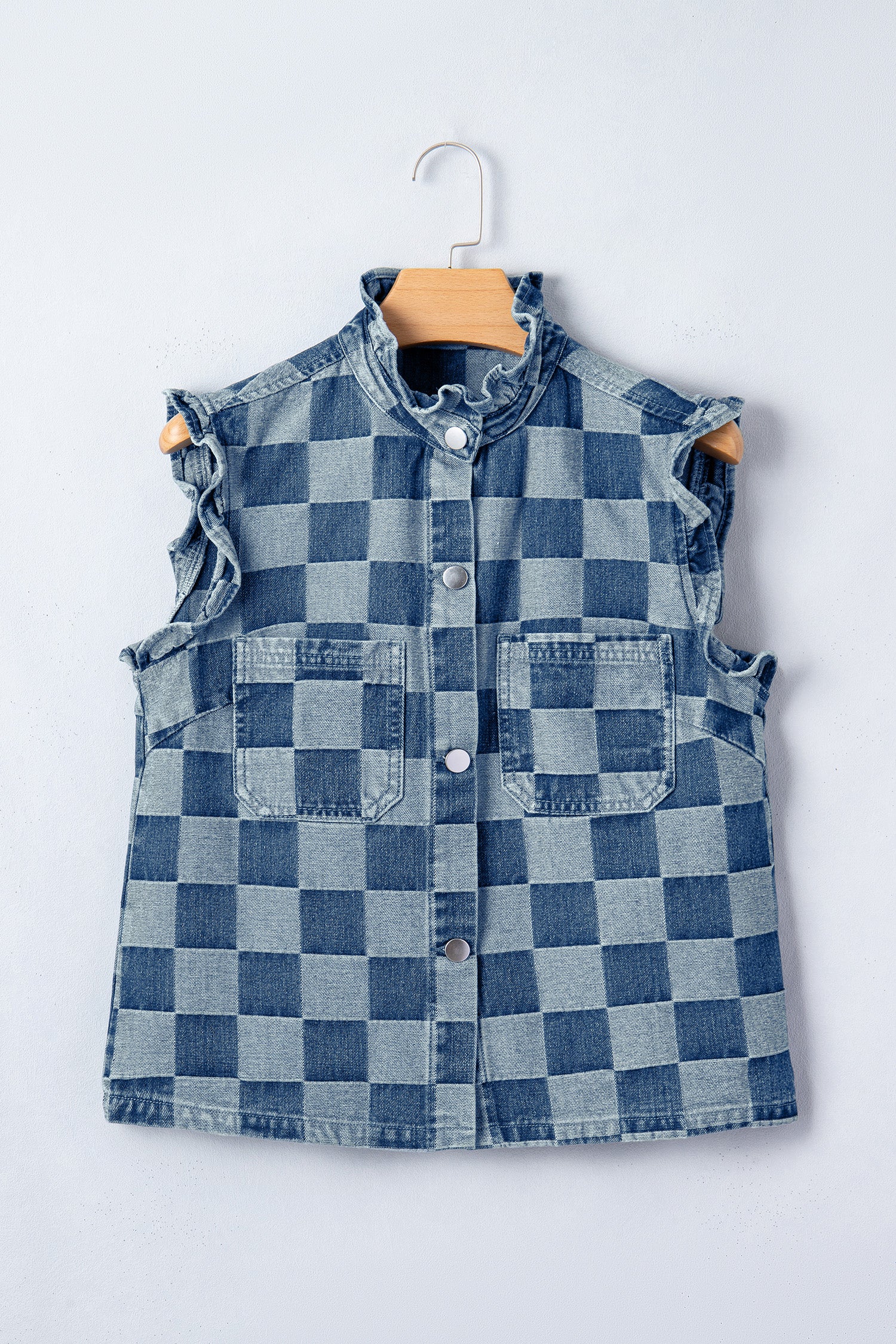 Beau Blue Checkered Ruffle Trim Button Down Denim Vest