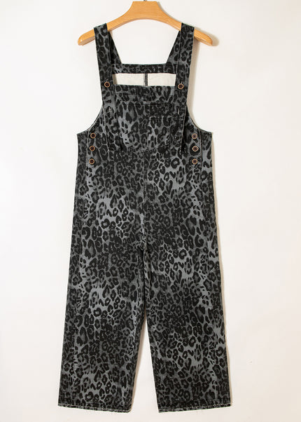 Gray Leopard Print Button Adjustable Straps Cropped Loose Denim Overalls