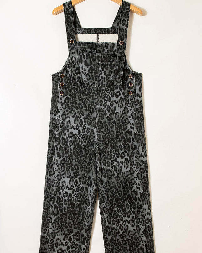 Gray Leopard Print Button Adjustable Straps Cropped Loose Denim Overalls