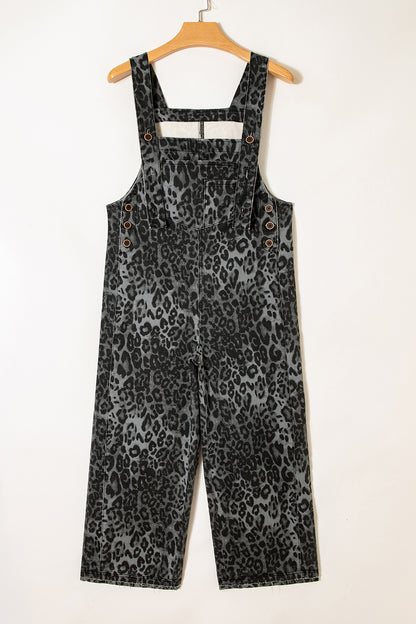 Gray Leopard Print Button Adjustable Straps Cropped Loose Denim Overalls