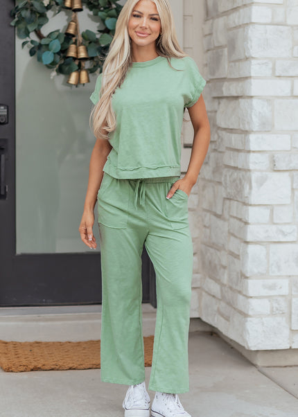 Canton Cuffed Short Sleeve Tee Raw Seam Patch Pocket Drawstring Pants Set