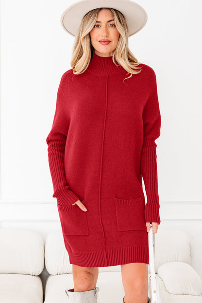 Chestnut Ribbed High Neck Front Pockets Center Seam Shift Sweater Dress