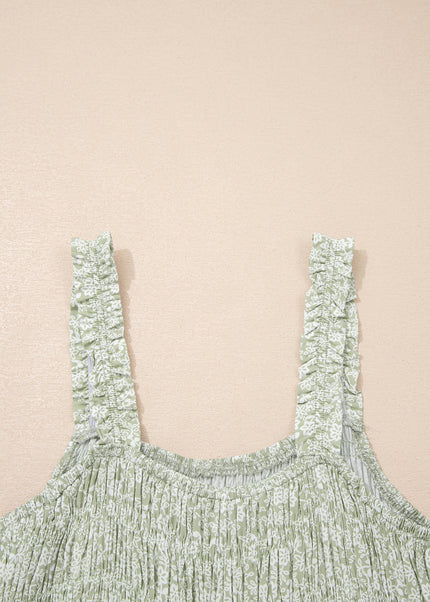 Green Smocked Bodice Square Neck Sleeveless Floral Jumpsuit