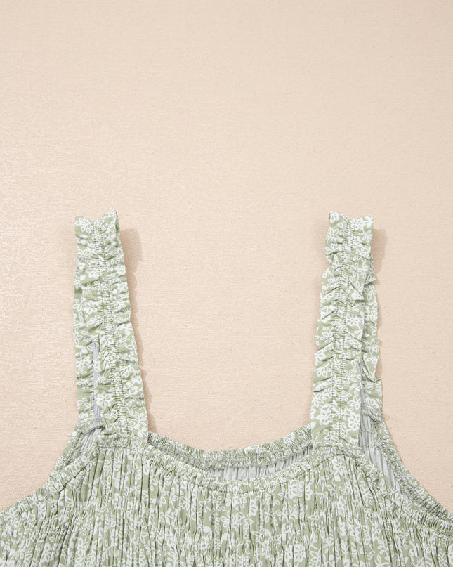 Green Smocked Bodice Square Neck Sleeveless Floral Jumpsuit